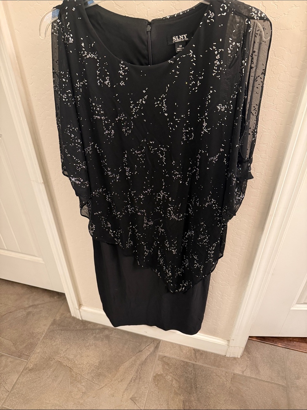 SLNY Black Speckled Midi Dress with Sheer Overlay